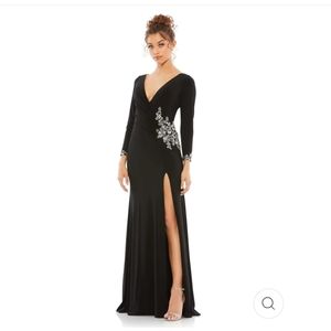 FLORAL EMBELLISHED FAUX WRAP JERSEY GOWN